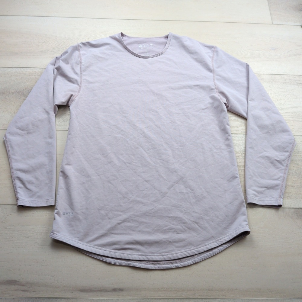 BYLT Basics Drop Cut Long Sleeve Lux Shirt Mens Large Mauve Lavender Curved Hem